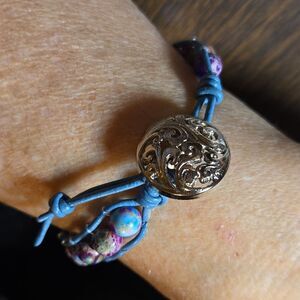 HANDCRAFTED Blue Leather Wrapped Bracelet with Turquoise, Blue & Purple Beads